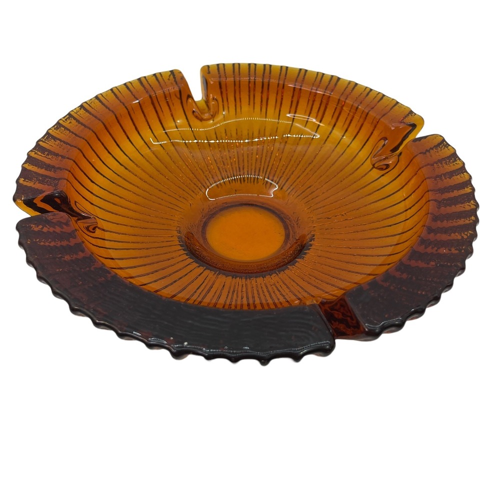 Vintage MCM Blenko Round Starburst Ashtray- 9" Heavy Amber Brown Rust Orange